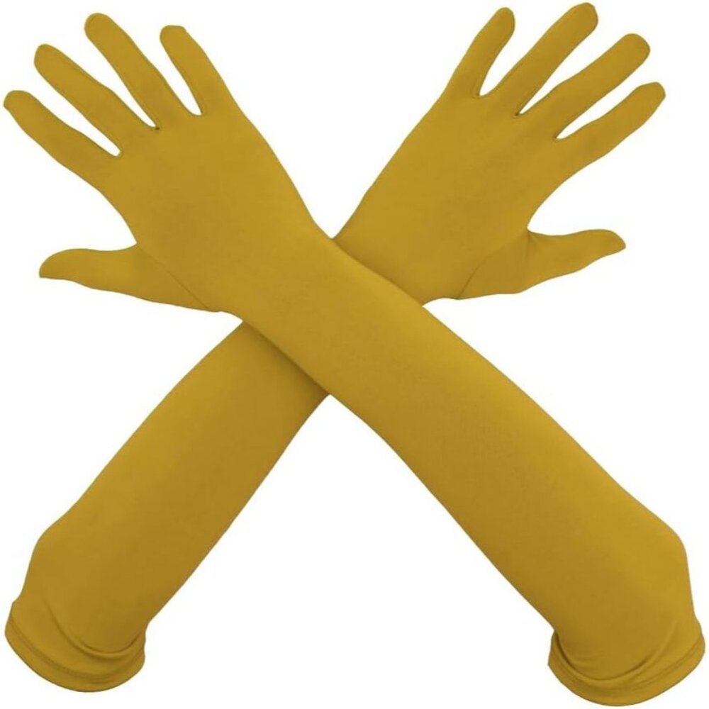 Women's Elbow Length Full Finger Satin Champagne Gloves Stretchy Party Costume